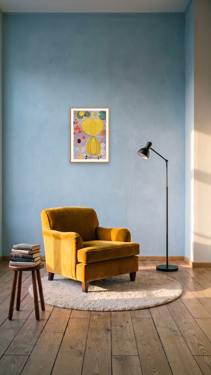 Sometimes one print is enough – An ochre armchair, a cool blue wall and one Hilma af Klint.