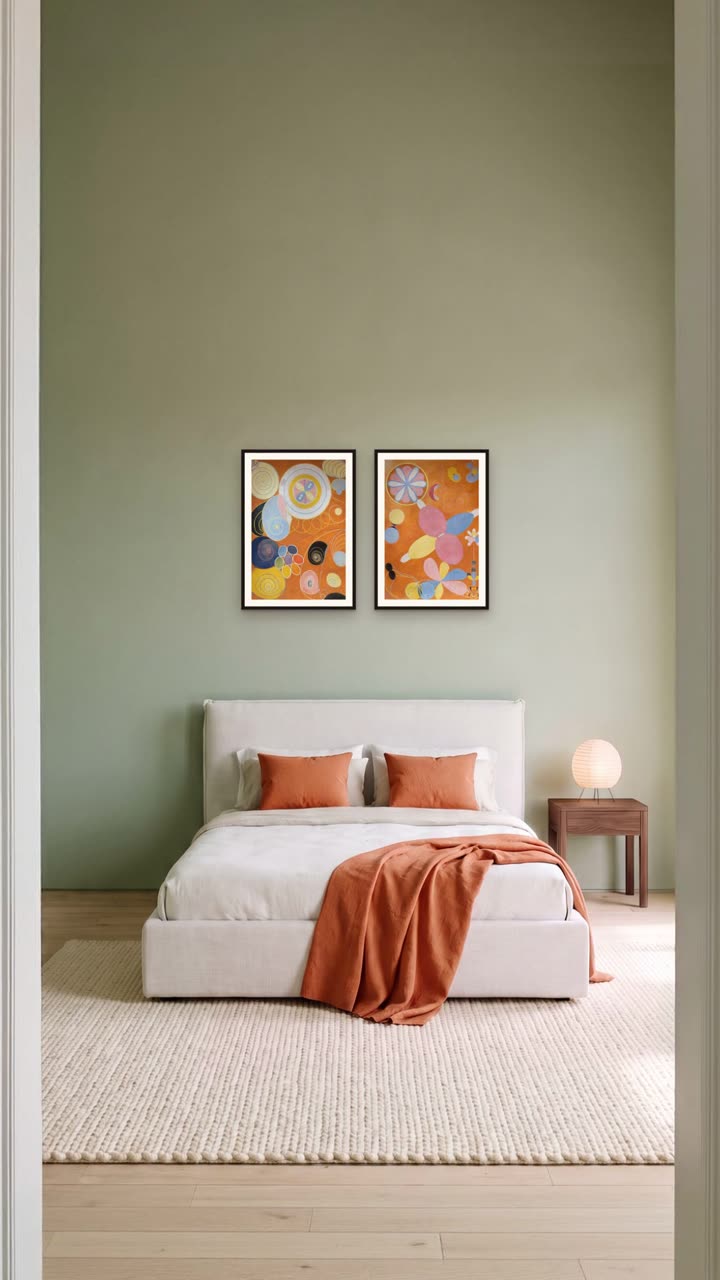 Above the bed – Two prints over a bed: two thirds of its width, 20 cm (8 in) above the headboard.