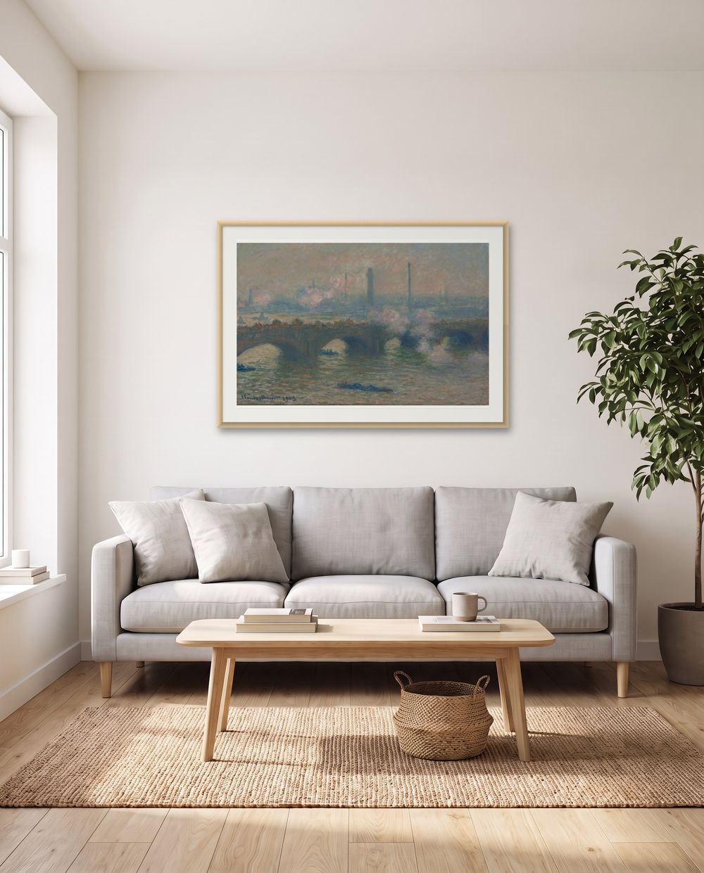One wide piece: Claude Monet, Waterloo Bridge, Gray Day in natural wood frames – art above a sofa: what size?, shown to scale