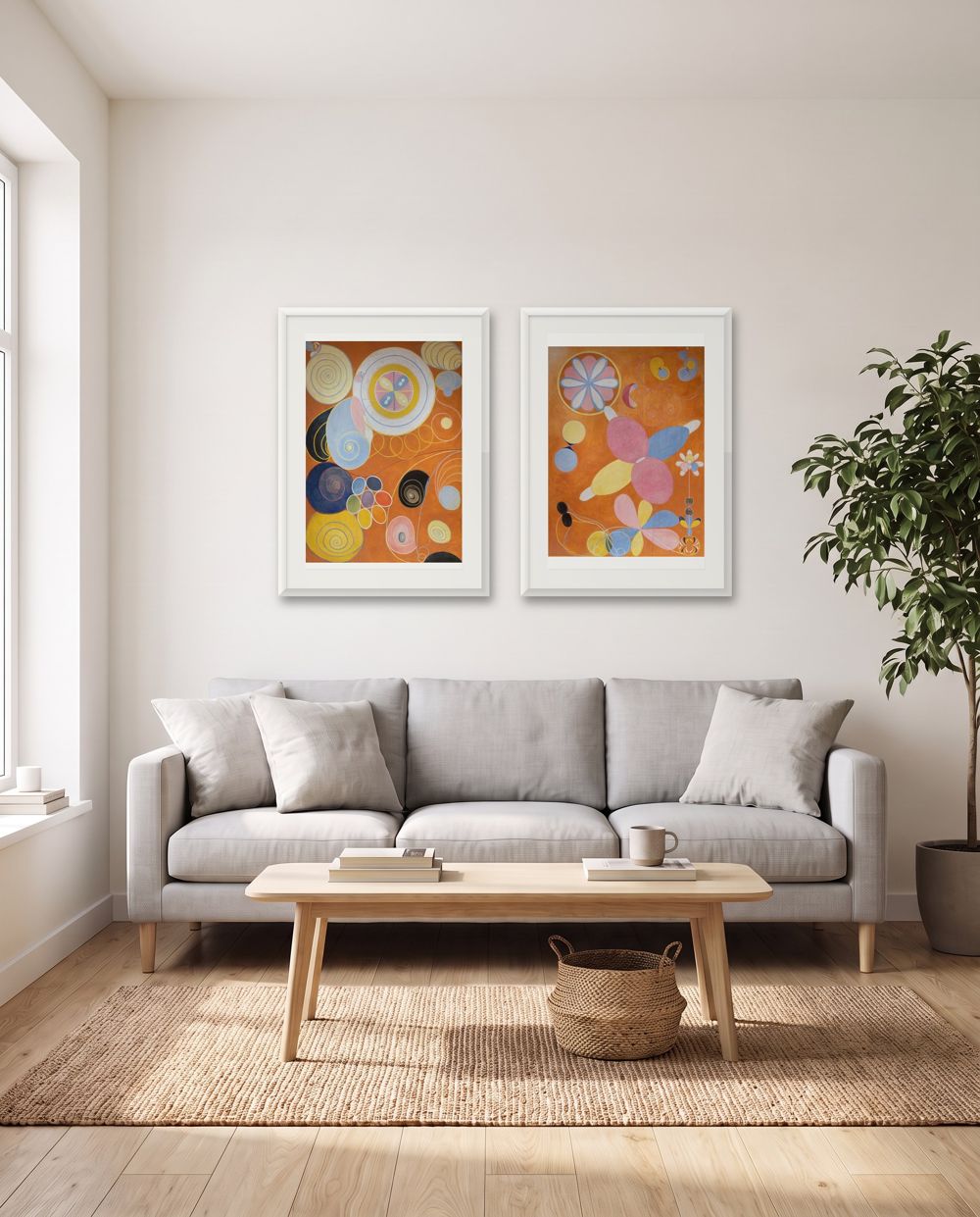 A pair: Hilma af Klint, The Ten Largest, No. 3, Youth and Hilma af Klint, The Ten Largest, No. 4, Youth in white frames – art above a sofa: what size?, shown to scale