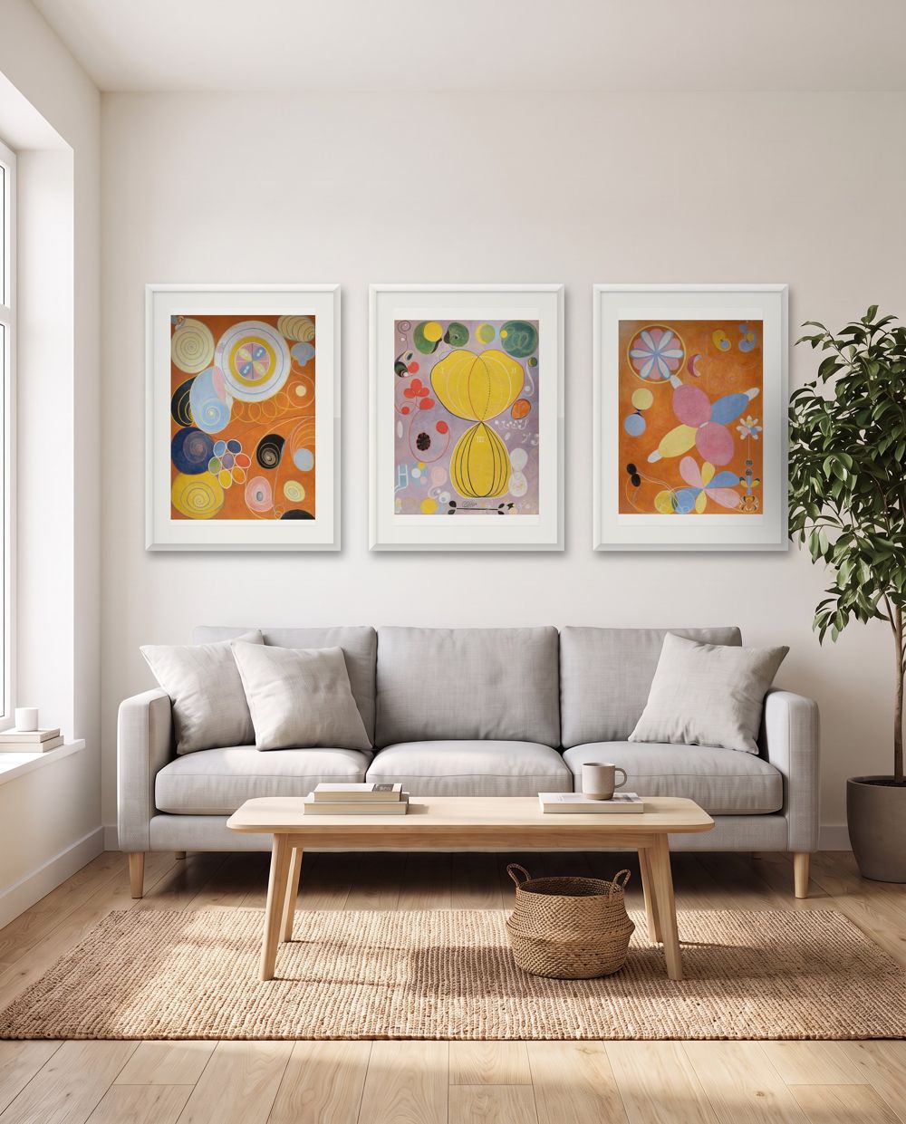 Three in a row: Hilma af Klint, The Ten Largest, No. 3, Youth and Hilma af Klint, The Ten Largest, No. 7, Adulthood and Hilma af Klint, The Ten Largest, No. 4, Youth in white frames – art above a sofa: what size?, shown to scale