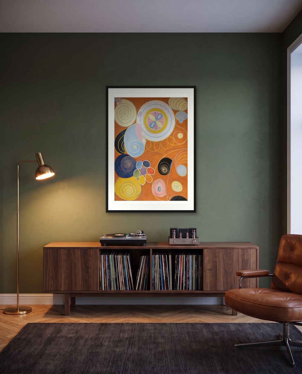 One statement: Hilma af Klint, The Ten Largest, No. 3, Youth in black frames – art for dark green walls, shown to scale