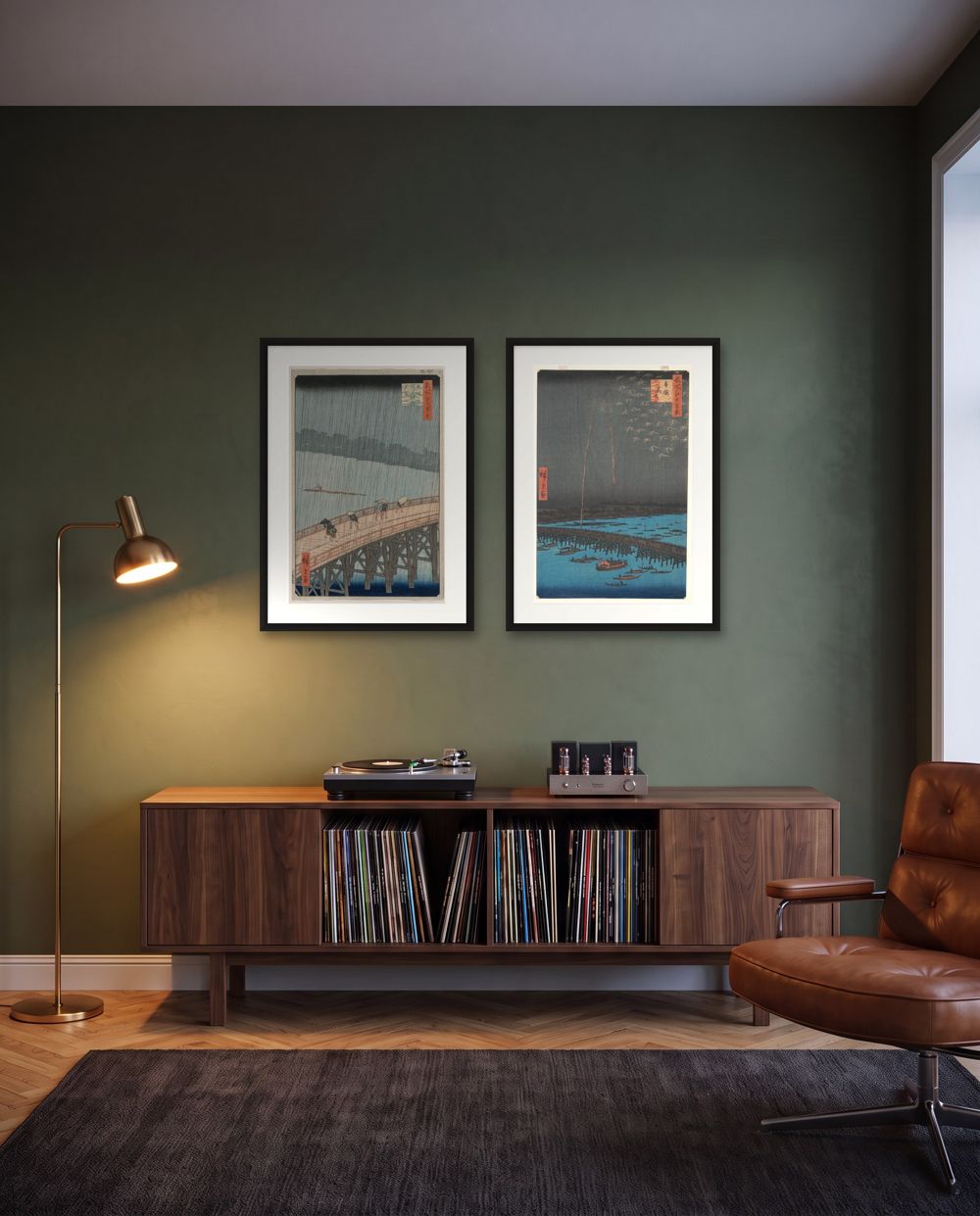 A pair: Utagawa Hiroshige, Sudden Shower over Shin-Ohashi Bridge and Atake and Utagawa Hiroshige, Fireworks at Ryogoku Bridge in black frames – art for dark green walls, shown to scale