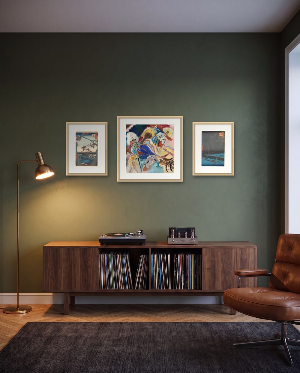 Three in a row: Utagawa Hiroshige, Maples at Mama and Vasily Kandinsky, Improvisation No. 30 (Cannons) and Utagawa Hiroshige, Fireworks at Ryogoku Bridge in natural wood frames – art for dark green walls, shown to scale