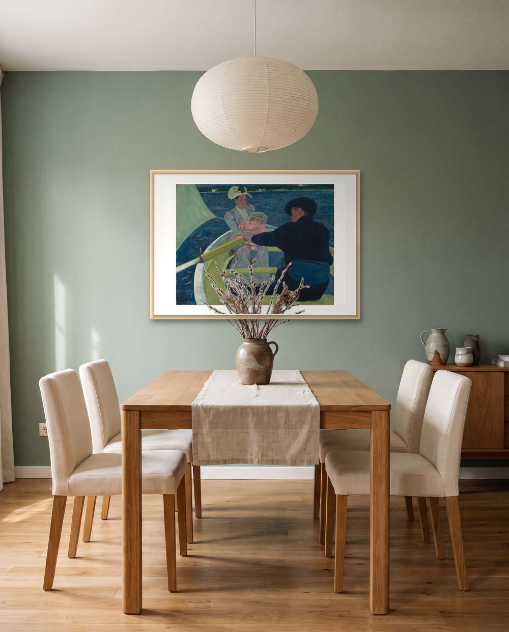 One statement: Mary Cassatt, The Boating Party in natural wood frames – art for sage green walls, shown to scale