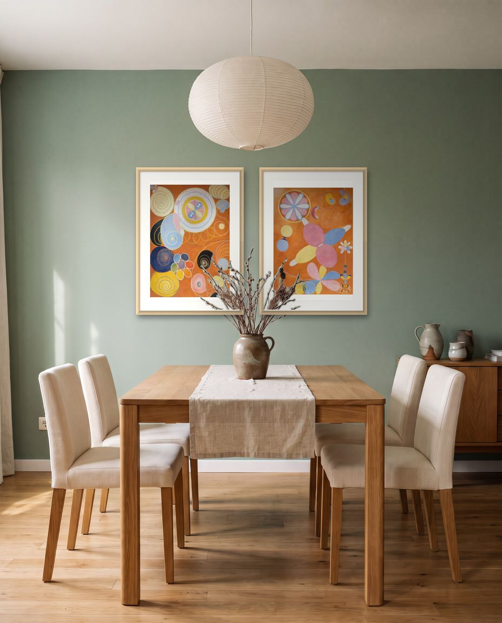 A pair: Hilma af Klint, The Ten Largest, No. 3, Youth and Hilma af Klint, The Ten Largest, No. 4, Youth in natural wood frames – art for sage green walls, shown to scale