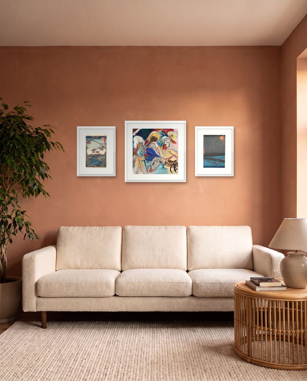 Three in a row: Utagawa Hiroshige, Maples at Mama and Vasily Kandinsky, Improvisation No. 30 (Cannons) and Utagawa Hiroshige, Fireworks at Ryogoku Bridge in white frames – art for terracotta walls, shown to scale