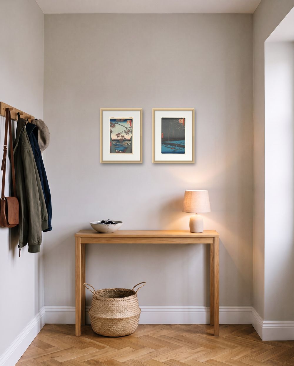 A small pair: Utagawa Hiroshige, Maples at Mama and Utagawa Hiroshige, Fireworks at Ryogoku Bridge in natural wood frames – hallway wall art, shown to scale
