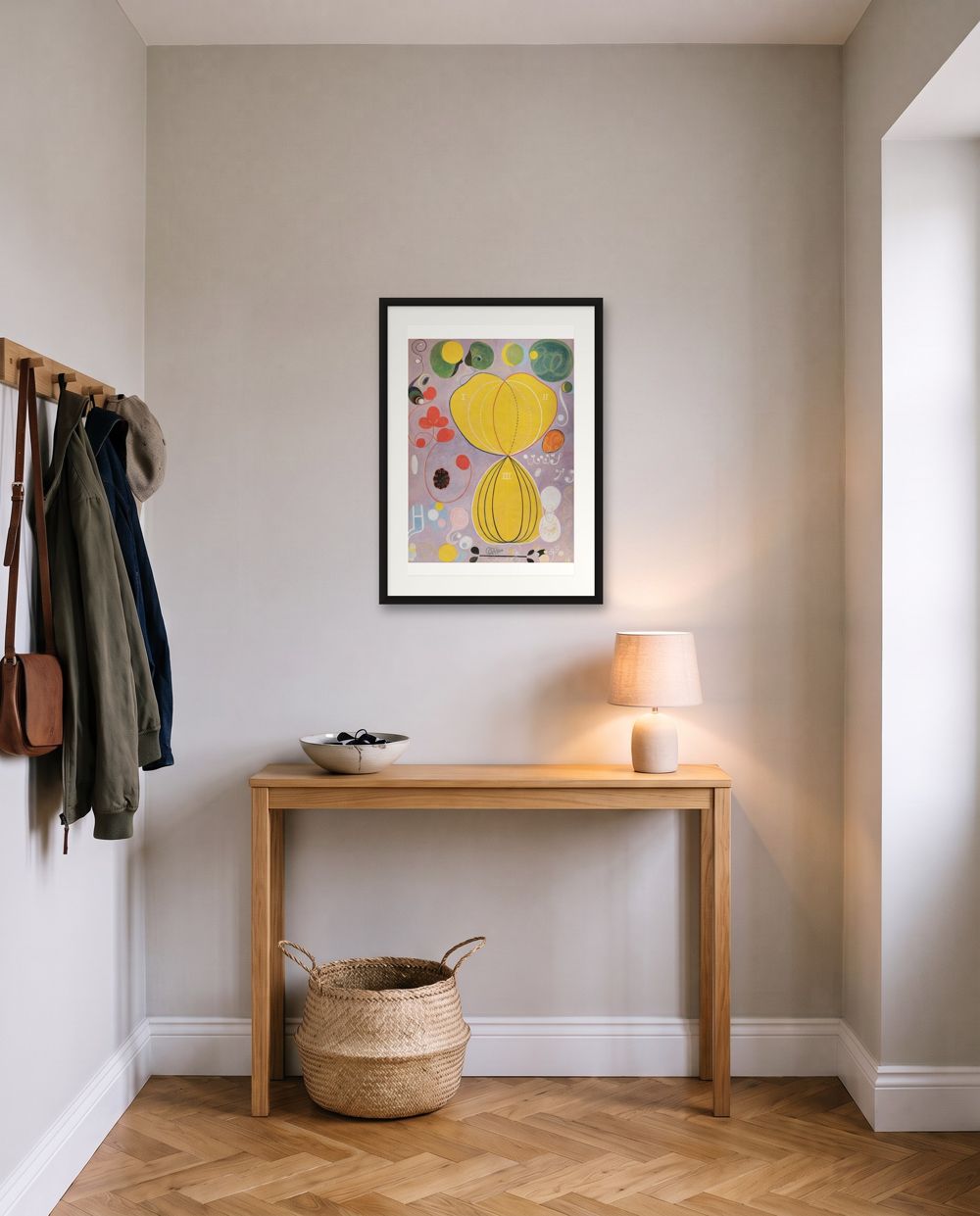 One upright: Hilma af Klint, The Ten Largest, No. 7, Adulthood in black frames – hallway wall art, shown to scale