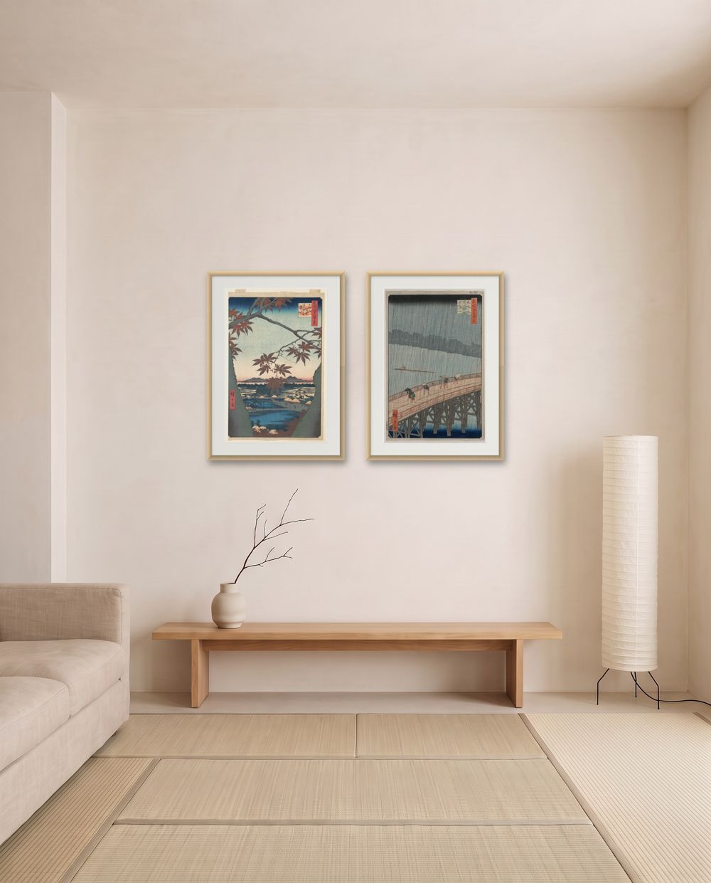 A pair: Utagawa Hiroshige, Maples at Mama and Utagawa Hiroshige, Sudden Shower over Shin-Ohashi Bridge and Atake in natural wood frames – japandi wall art, three ways, shown to scale