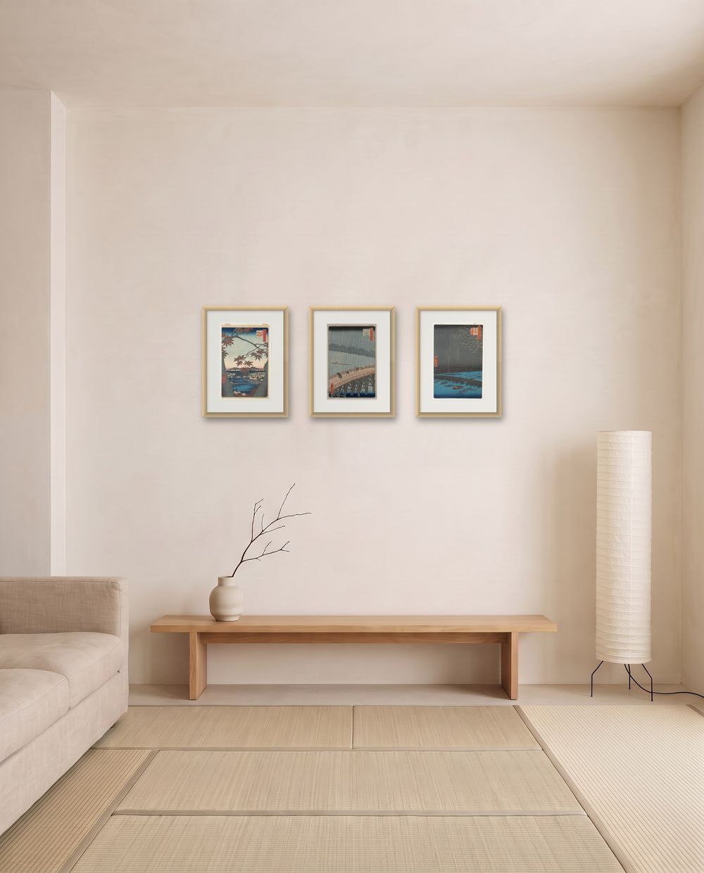 Three small: Utagawa Hiroshige, Maples at Mama and Utagawa Hiroshige, Sudden Shower over Shin-Ohashi Bridge and Atake and Utagawa Hiroshige, Fireworks at Ryogoku Bridge in natural wood frames – japandi wall art, three ways, shown to scale
