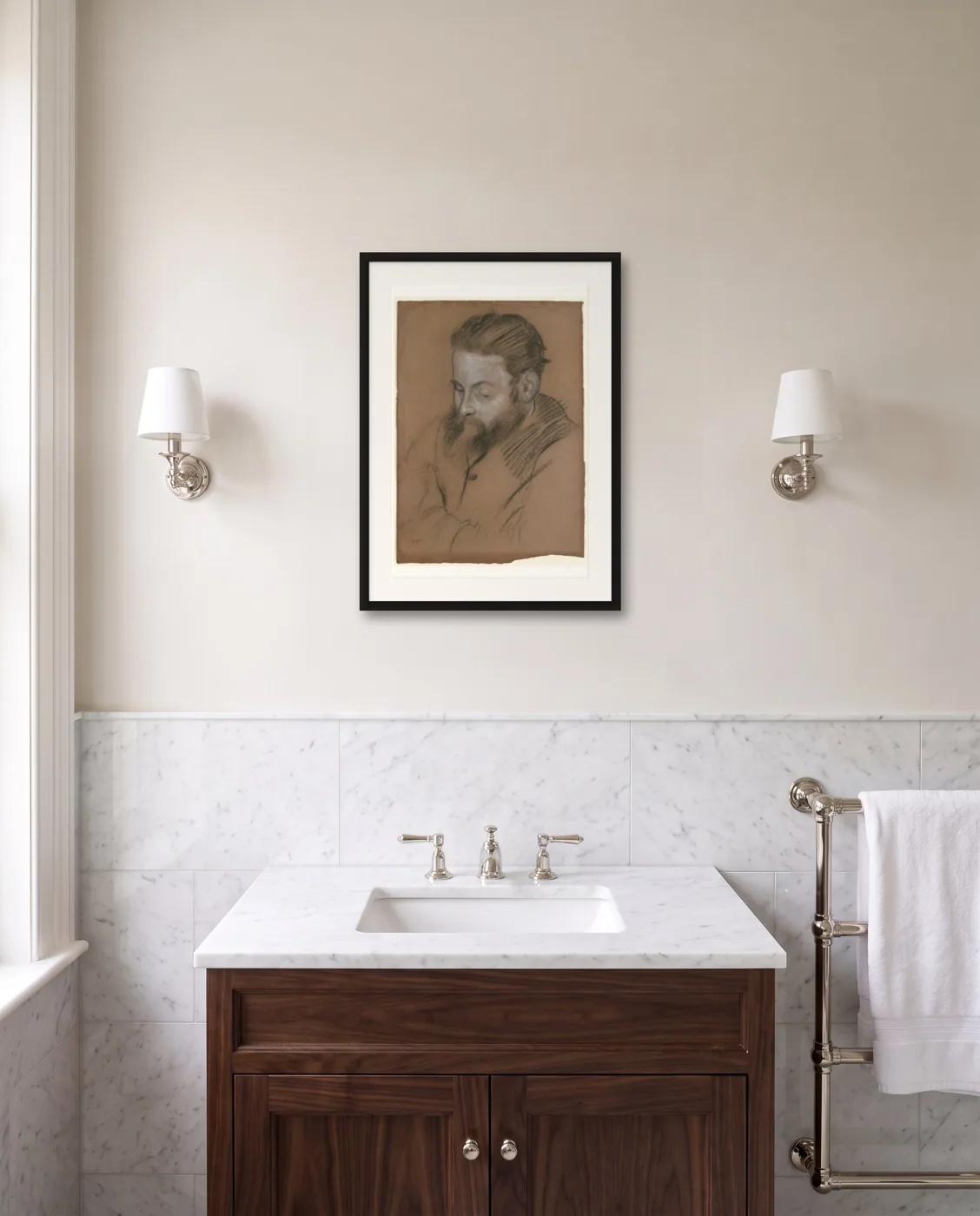 Classic bathroom wall art: Diego Martelli by Edgar Degas, framed 50 × 70 cm