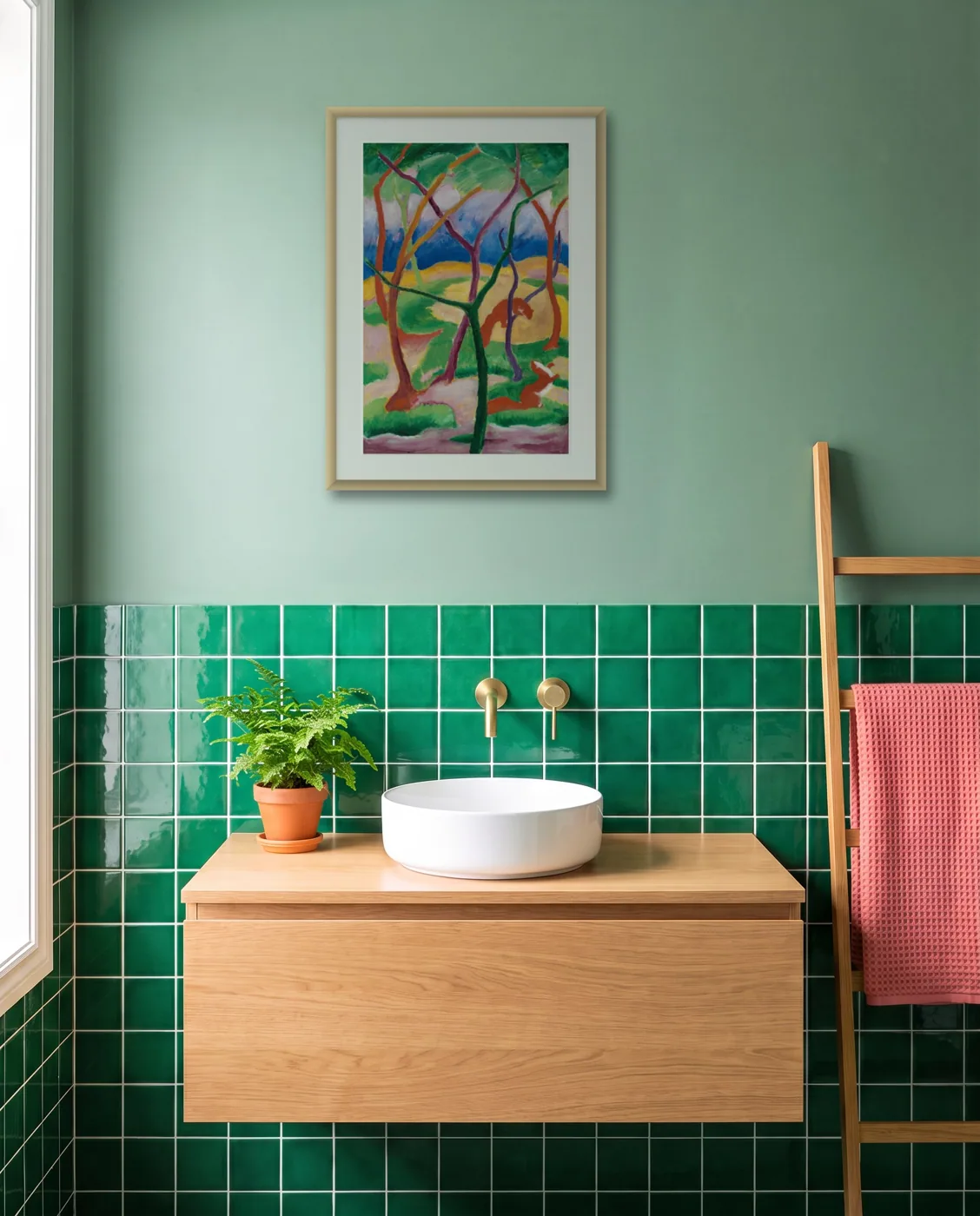 Colorful bathroom wall art: Weasels at Play by Franz Marc, framed 50 × 70 cm
