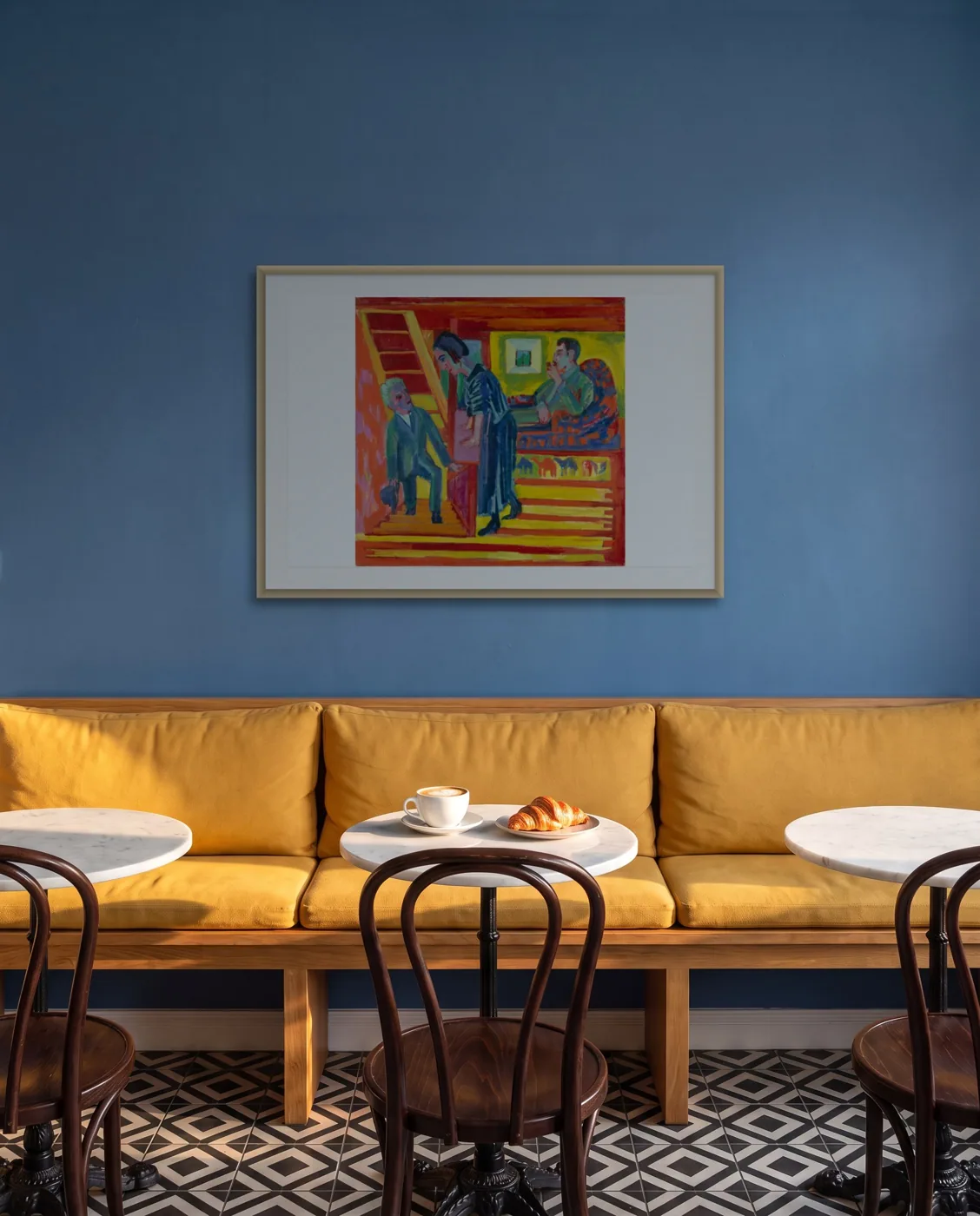 Colorful café wall art: The Visit: Couple and Newcomer by Ernst Ludwig Kirchner, framed 100 × 70 cm