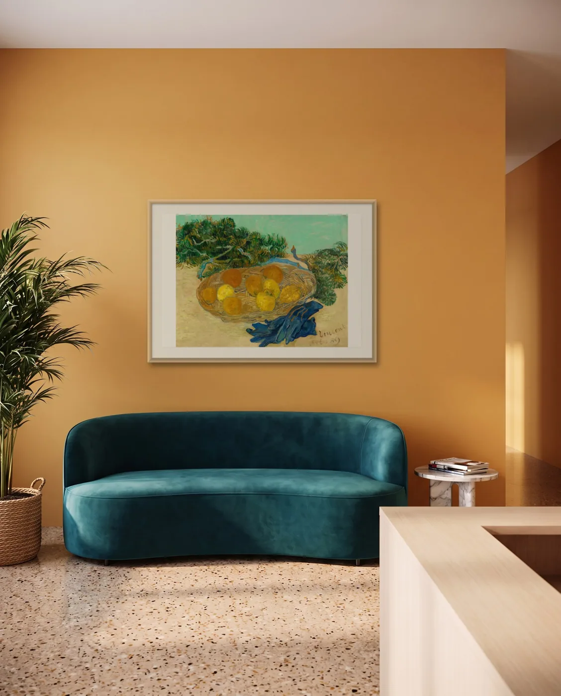 Colorful reception wall art: Still Life of Oranges and Lemons with Blue Gloves by Vincent van Gogh, framed 100 × 70 cm