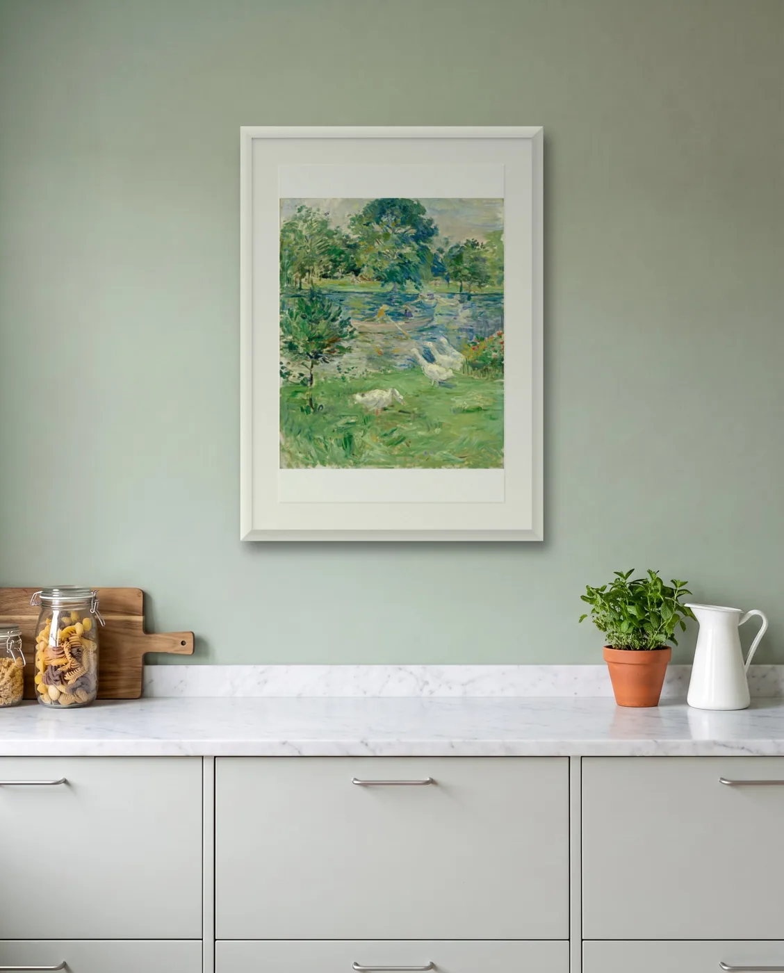 Cool kitchen wall art: Girl in a Boat with Geese by Berthe Morisot, framed 50 × 70 cm