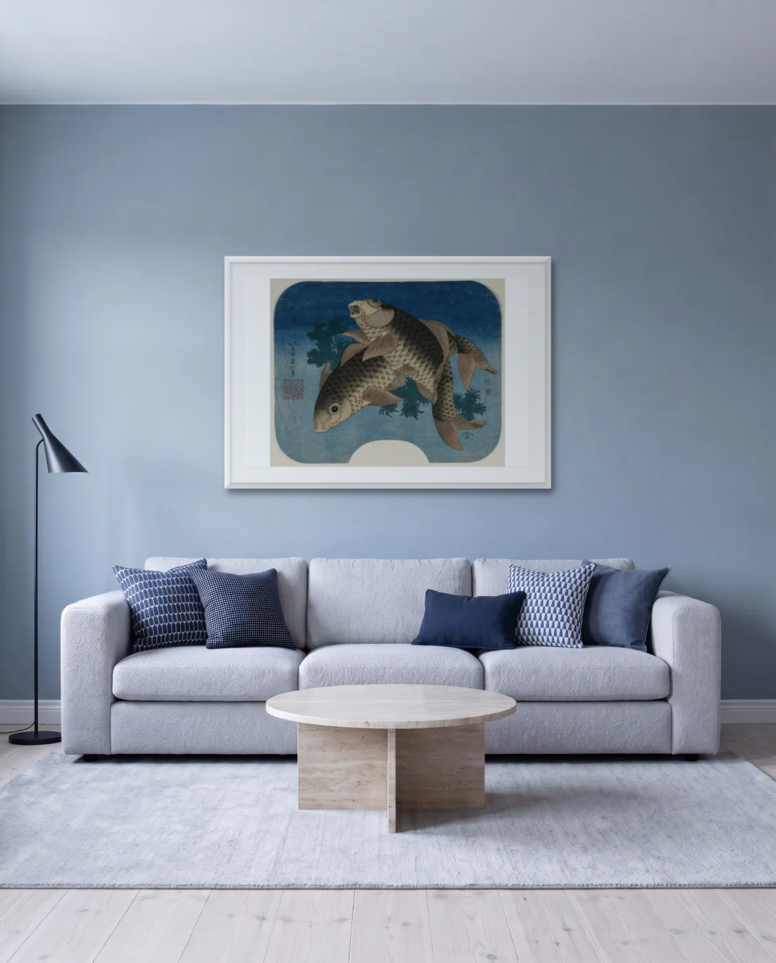 Cool living room wall art: Carp Swimming by Water Weeds by Katsushika Hokusai, framed 100 × 70 cm