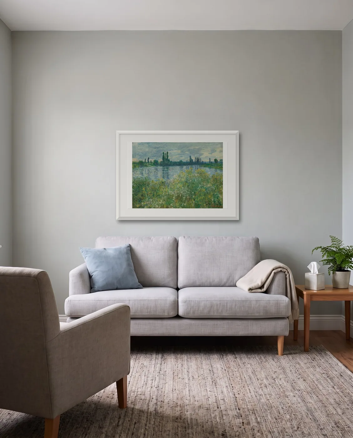 Cool therapy room wall art: Banks of the Seine, Vétheuil by Claude Monet, framed 70 × 50 cm
