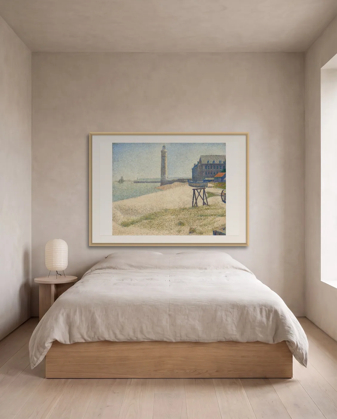 Minimalist bedroom wall art: The Lighthouse at Honfleur by Georges Seurat, framed 100 × 70 cm