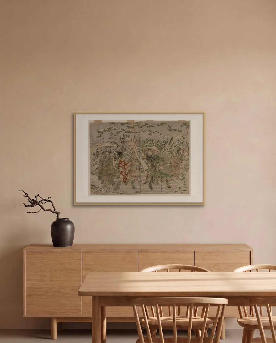 Minimalist dining room wall art: Winter Scene from the Romance of the Three Kingdoms by Kitagawa Utamaro, framed 100 × 70 cm