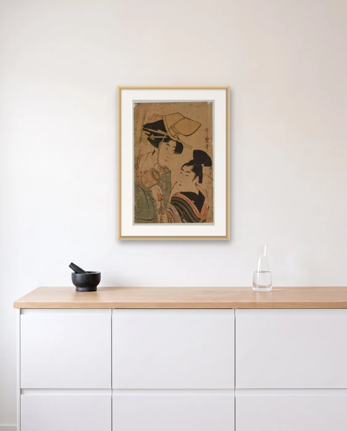 Minimalist kitchen wall art: Woman Representing Good Fortune by Kitagawa Utamaro, framed 50 × 70 cm