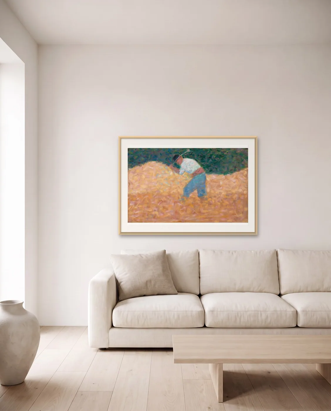 Minimalist living room wall art: The Stone Breaker by Georges Seurat, framed 100 × 70 cm
