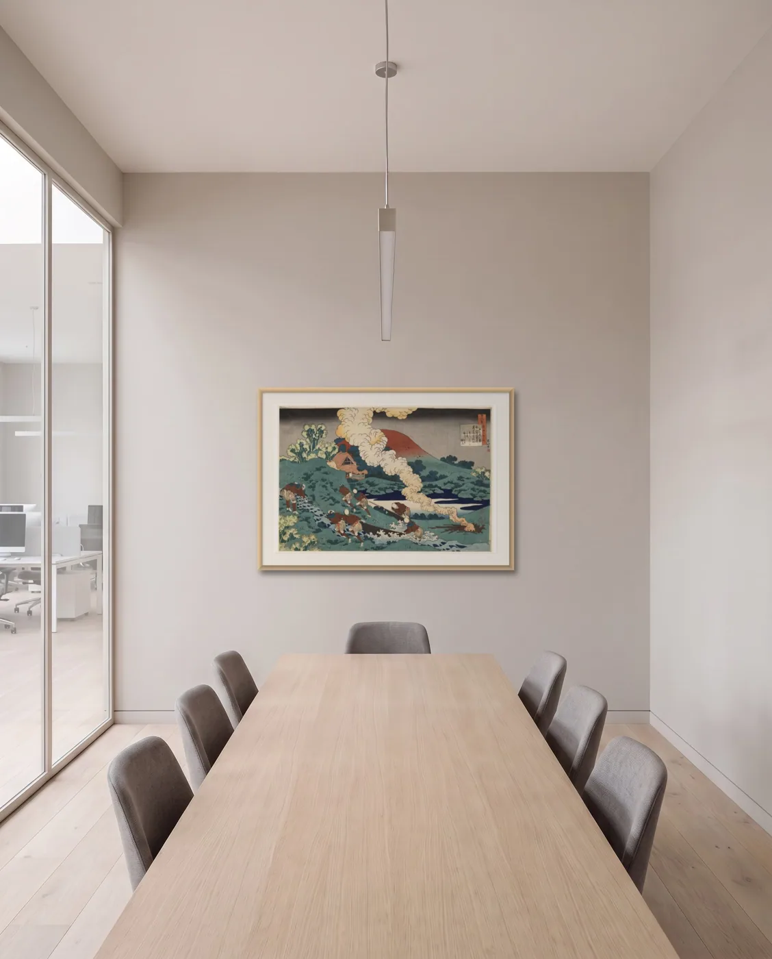 Minimalist meeting room wall art: Poem by Kakinomoto no Hitomaro by Katsushika Hokusai, framed 100 × 70 cm