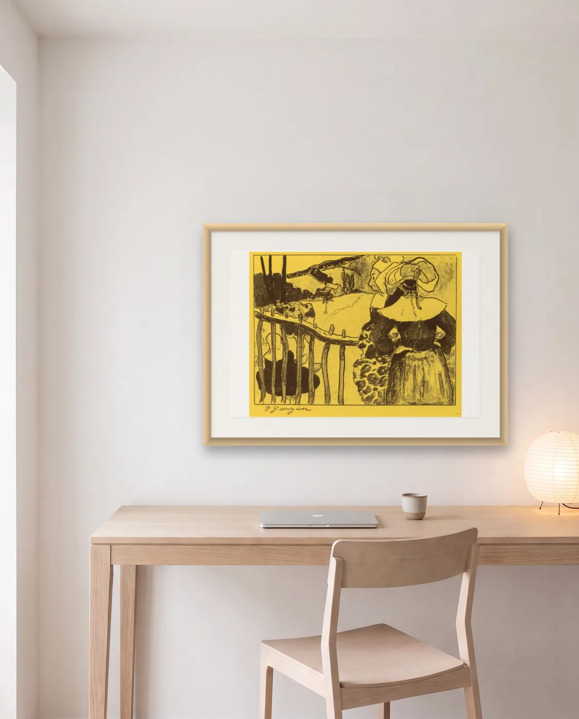 Minimalist office wall art: Breton Women by a Gate by Paul Gauguin, framed 70 × 50 cm