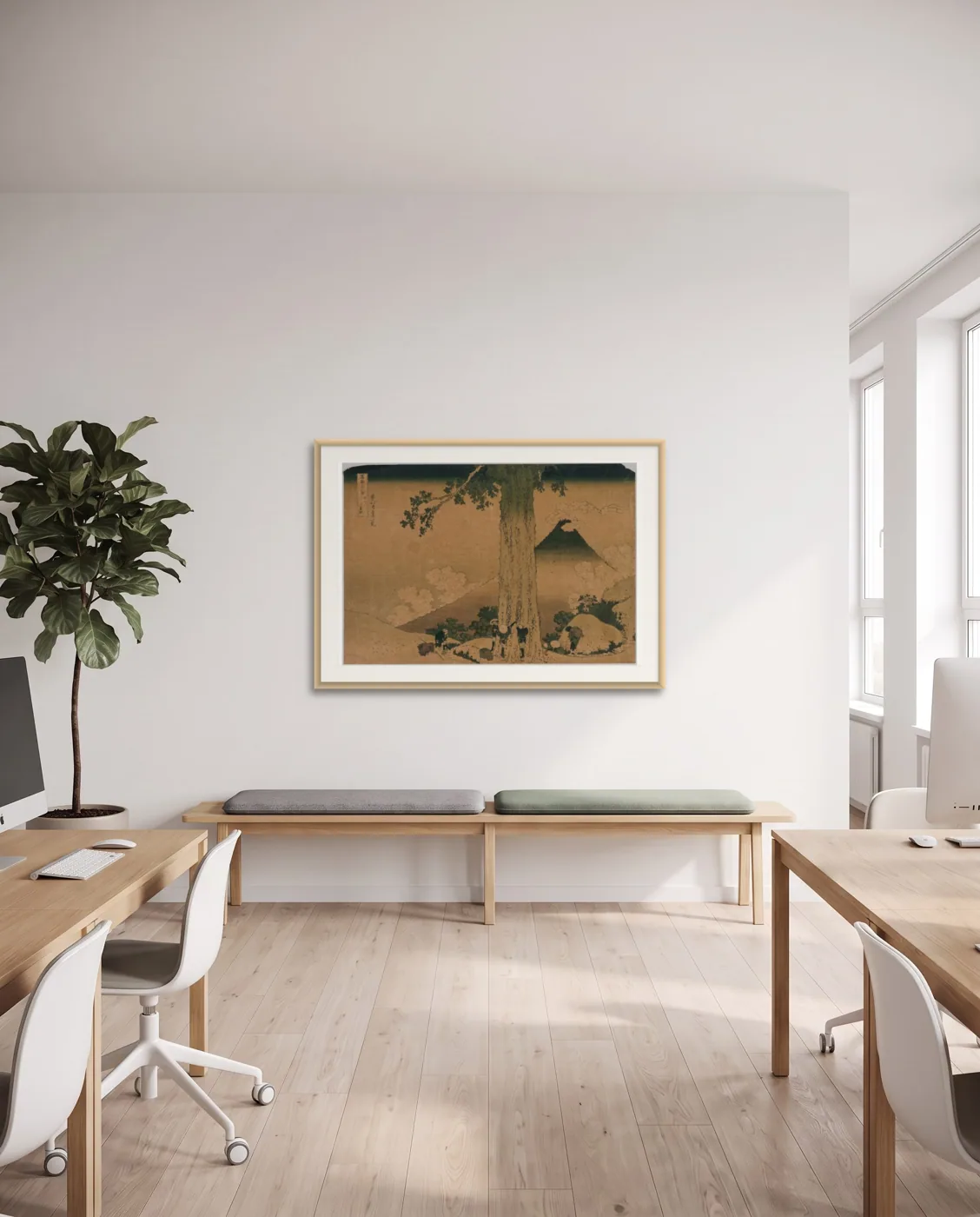 Minimalist open-plan office wall art: Fuji from the Pass of Mishima, Koshu Province by Katsushika Hokusai, framed 100 × 70 cm
