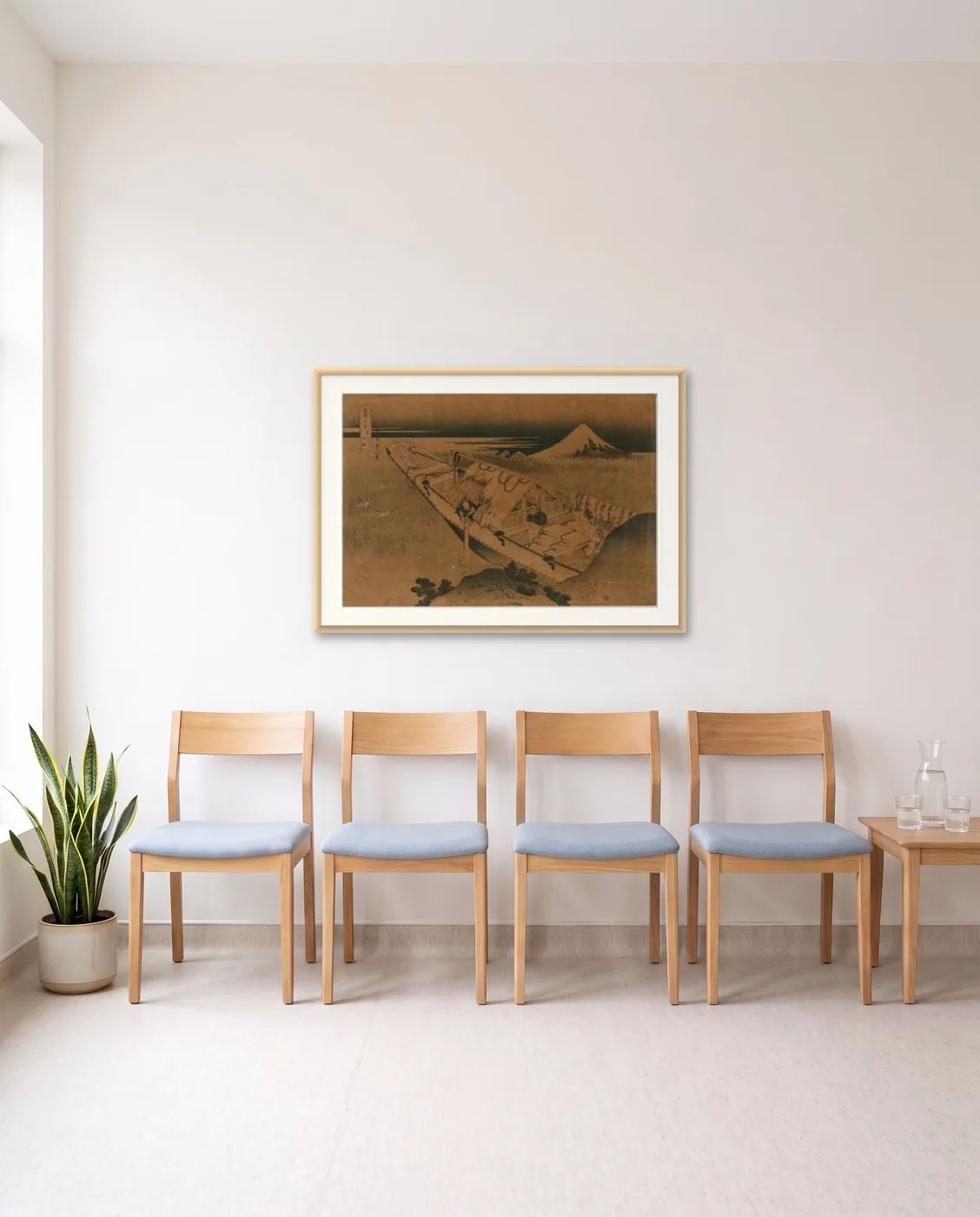 Minimalist waiting room wall art: Fuji from Ushibori, Province of Hitachi by Katsushika Hokusai, framed 100 × 70 cm