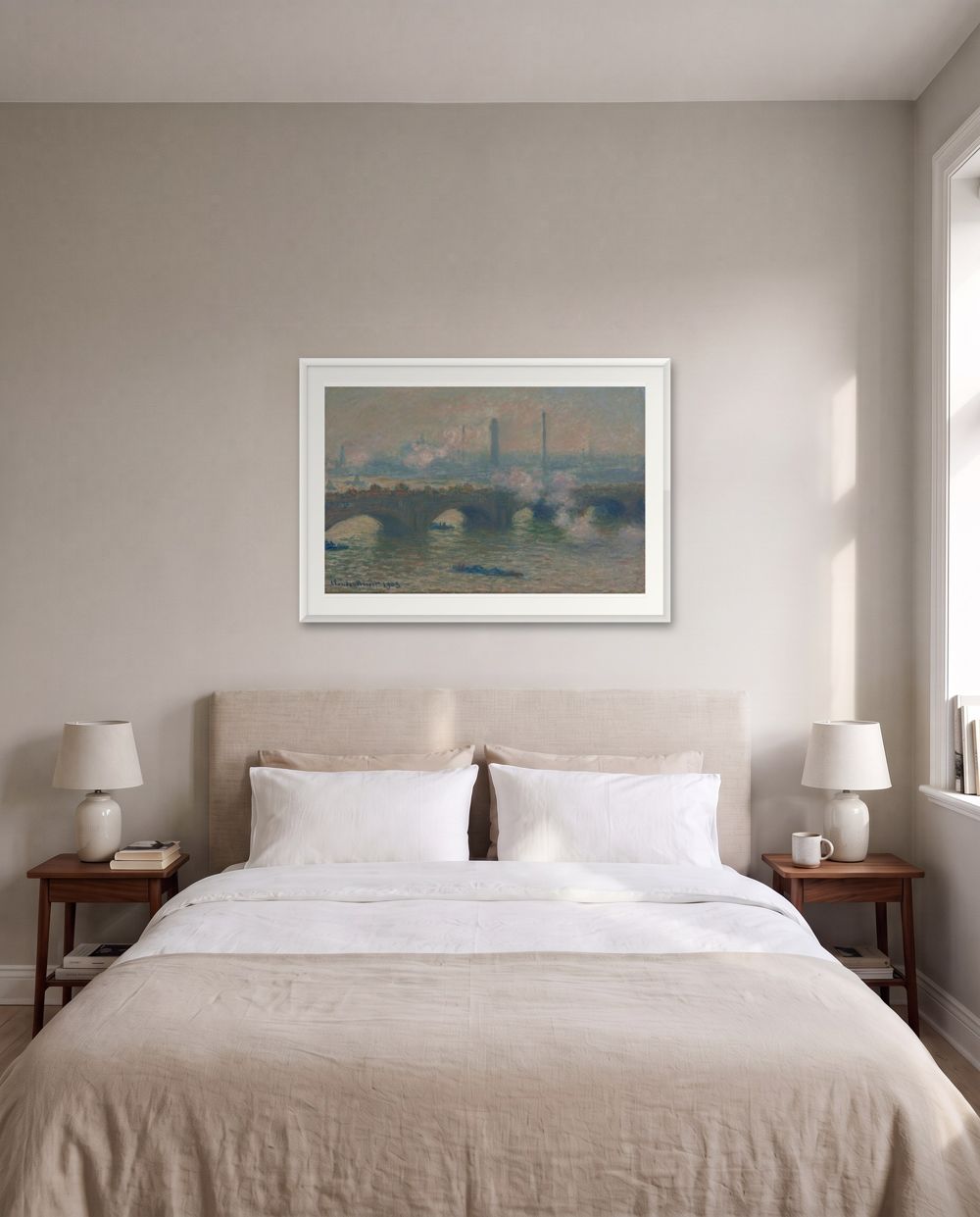 One landscape: Claude Monet, Waterloo Bridge, Gray Day in white frames – wall art above a bed, shown to scale