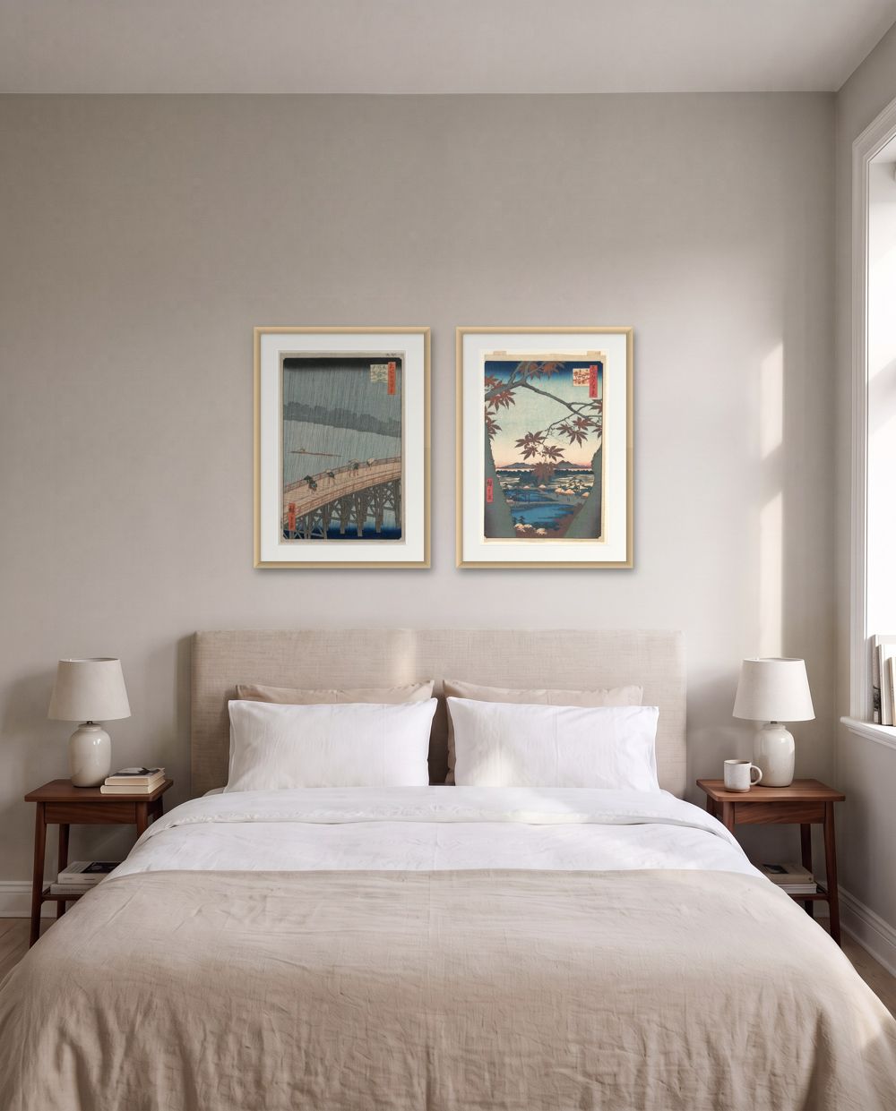 A pair: Utagawa Hiroshige, Sudden Shower over Shin-Ohashi Bridge and Atake and Utagawa Hiroshige, Maples at Mama in natural wood frames – wall art above a bed, shown to scale