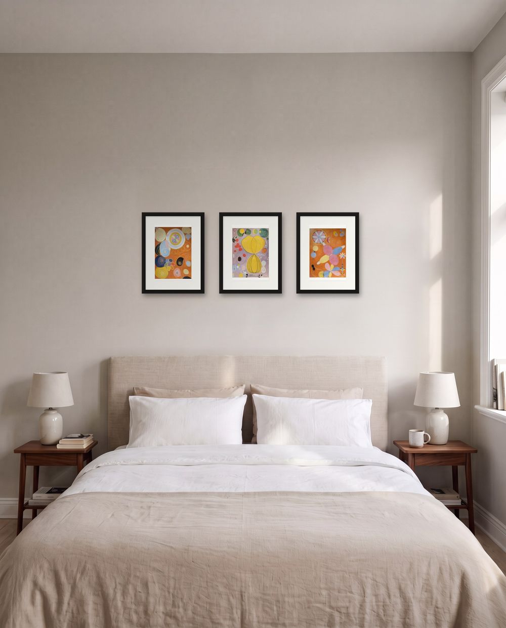 Three small: Hilma af Klint, The Ten Largest, No. 3, Youth and Hilma af Klint, The Ten Largest, No. 7, Adulthood and Hilma af Klint, The Ten Largest, No. 4, Youth in black frames – wall art above a bed, shown to scale