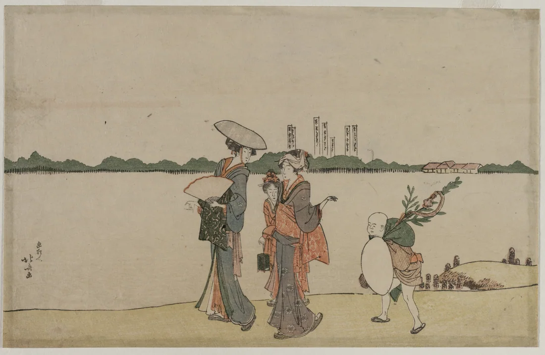 Women and Children Walking Along the Sumida River by Katsushika Hokusai, early 1800s – art print
