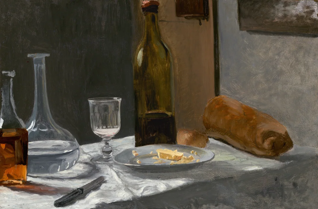 Still Life with Bottle, Carafe, Bread, and Wine by Claude Monet, c. 1862–63 – art print