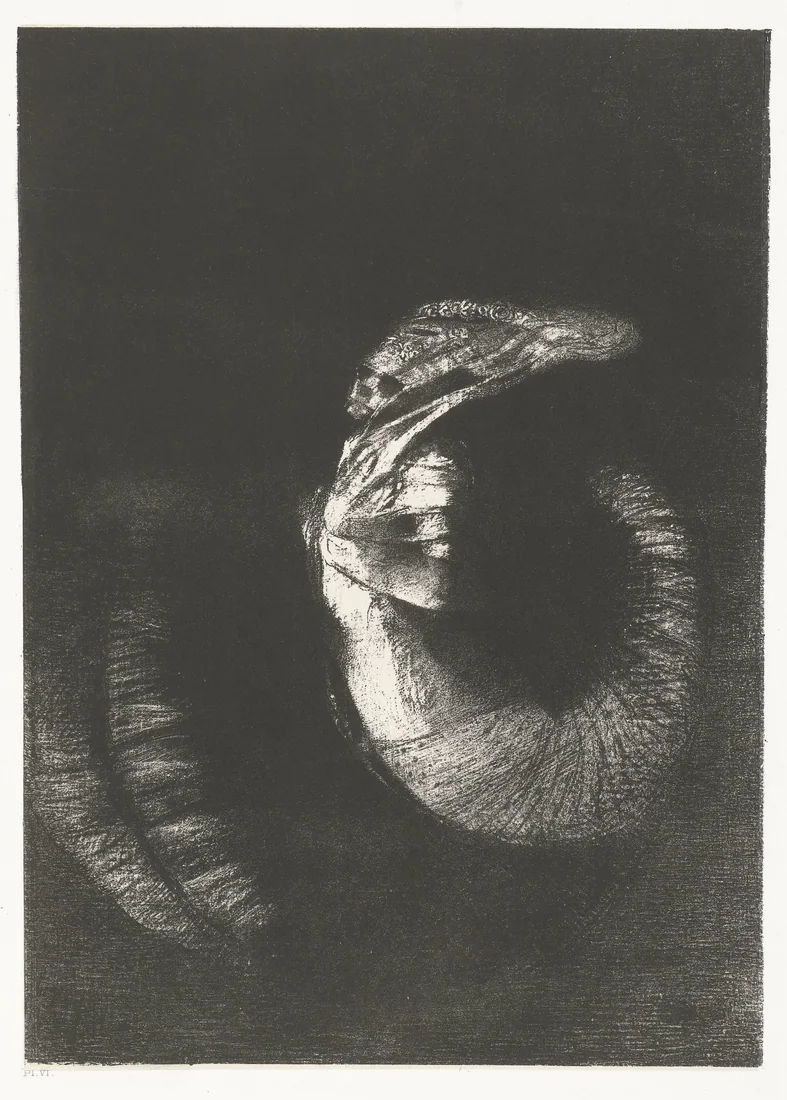 A Skull with a Crown of Roses above a Woman’s Torso by Odilon Redon – art print