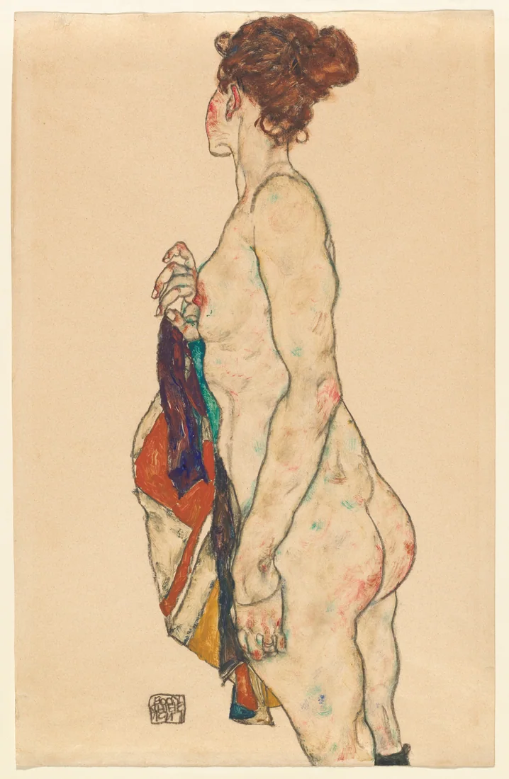 Standing Nude with a Patterned Robe by Egon Schiele, 1917 – art print