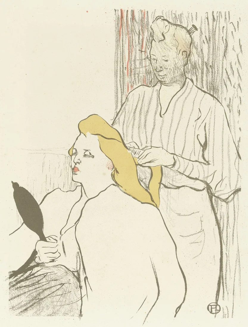 Hairdresser Combing a Seated Woman Holding a Mirror by Henri de Toulouse-Lautrec – art print