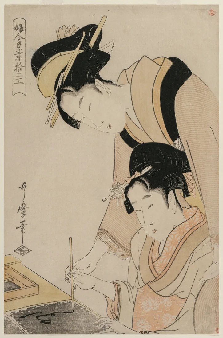 Mother Teaching Her Daughter Calligraphy by Kitagawa Utamaro, c. 1798 – art print