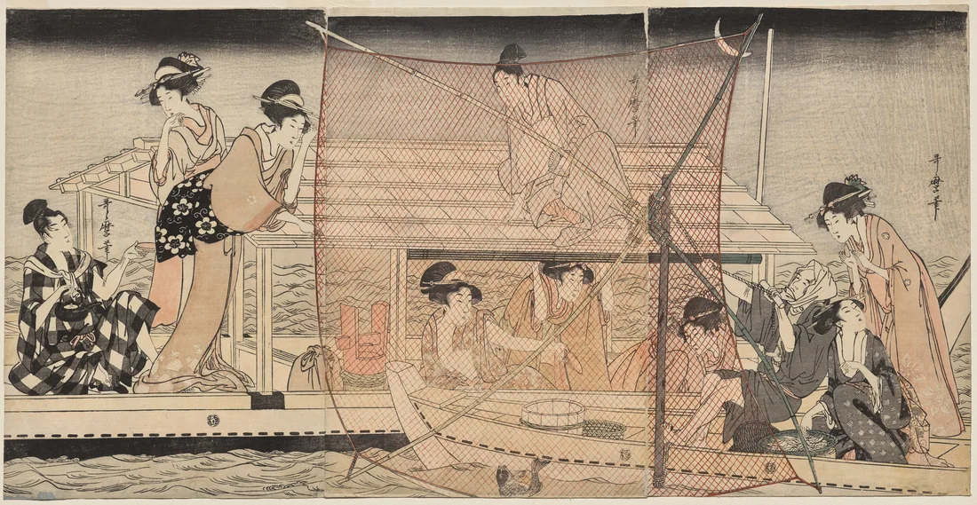 Net Fishing at Night on the Sumida River by Kitagawa Utamaro, c. 1800 – art print
