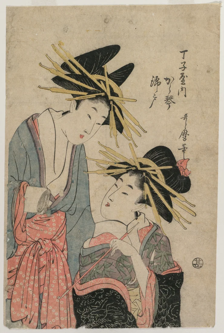 The Courtesans Karagoto and Nishikido of Chojiya by Kitagawa Utamaro, late 1800s – art print