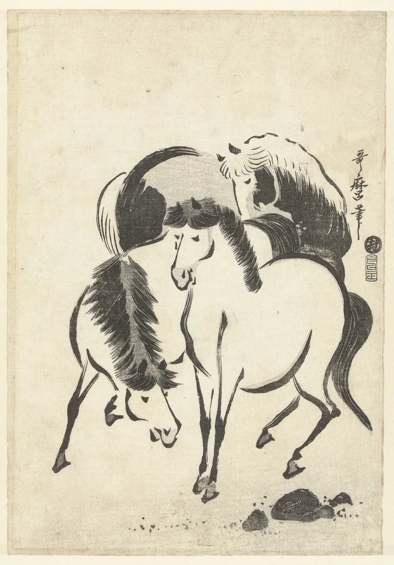Three Horses by Kitagawa Utamaro – art print